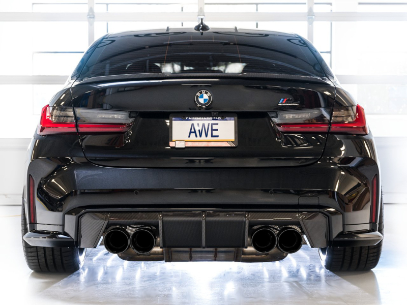 BMW M4 Performance Exhaust - AWE Tuning - Track Edition Cat-Back with quad 4.5-inch double-walled slash-cut tips; dual 3-inch configuration with X-pipe; valve simulators included - Diamond Black - `21-`27